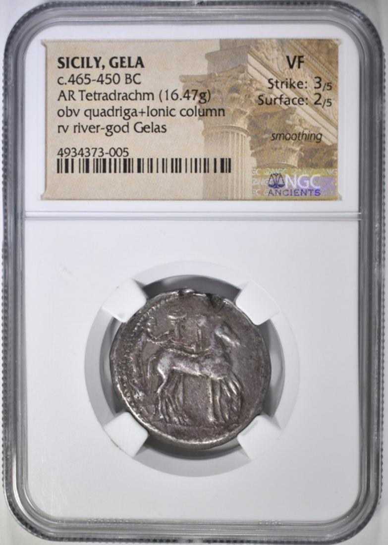 465-450 BC AR TETRADRACHM NGC VF: SICILY, GELA. ESTIMATE $1350 - $1550.