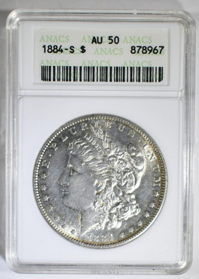 1884-S MORGAN DOLLAR ANACS AU-50: LEADERS IN ONLINE AUCTIONS ESTIMATE $225 - $250.