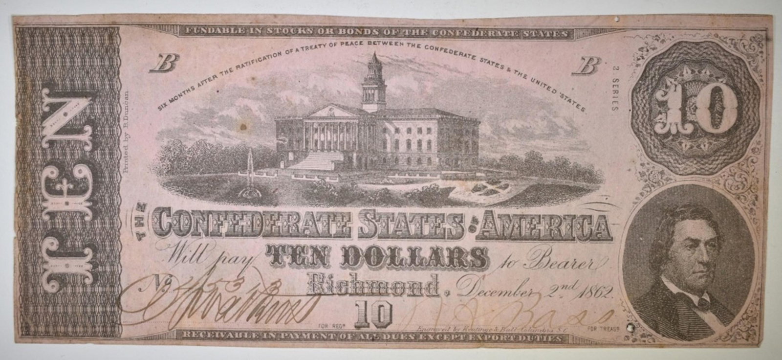 1862 $10.00 CONFEDERATE NOTE: CHECK OUT OUR UPCOMING AUCTIONS ESTIMATE $75 - $100.