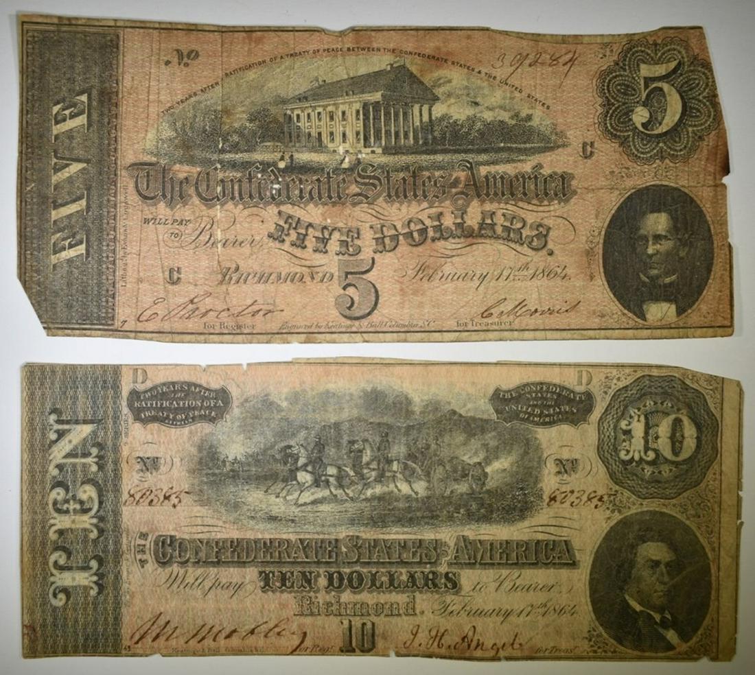 1864 $5 & $10 CONFEDERATE NOTES LOW GRADE/PROBLEMS: WEEKLY COIN & CURRENCY AUCTIONS ESTIMATE $50 - $60.