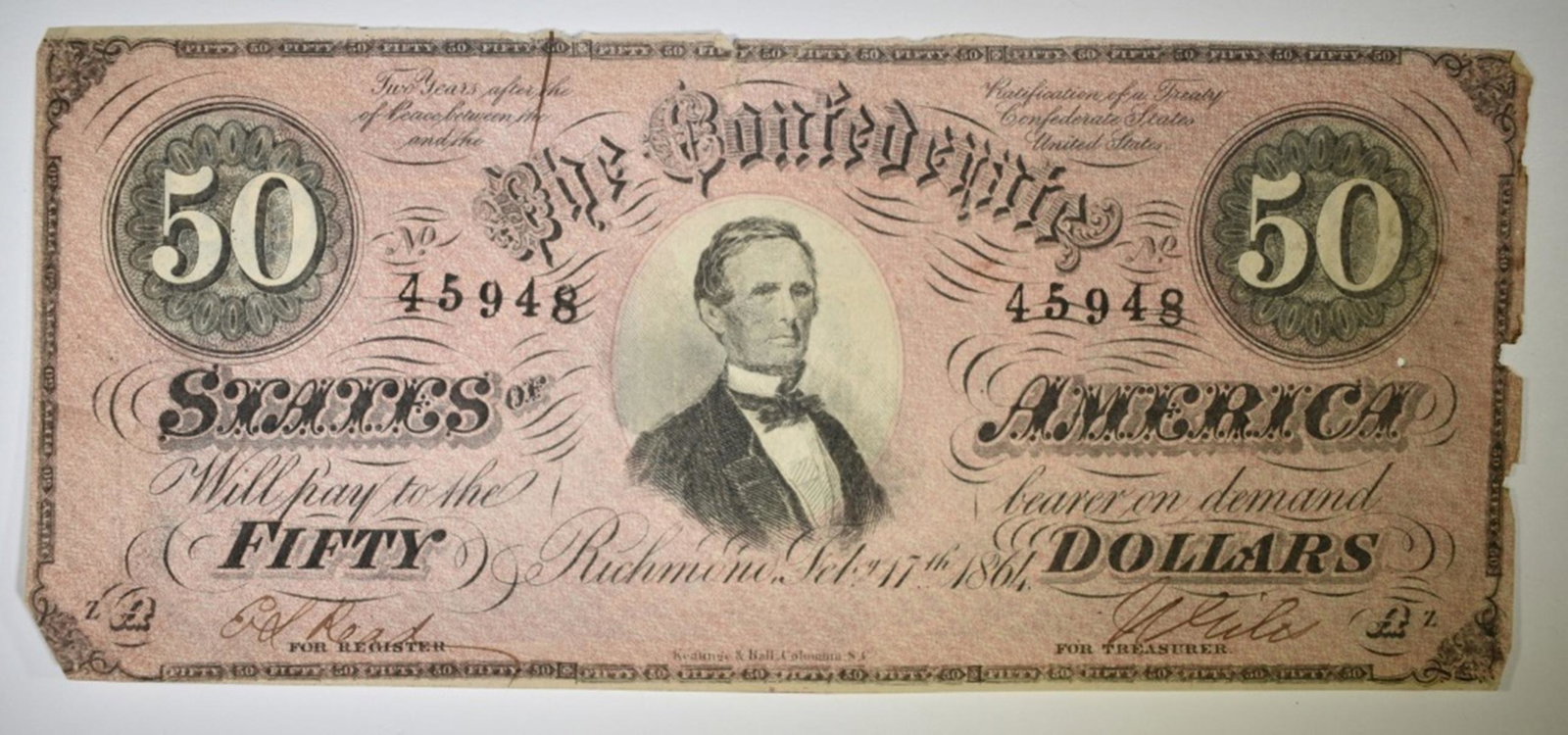 1864 $50 CONFEDERATE NOTE: BID WITH SILVER CITY AUCTIONS ESTIMATE $75 - $100.