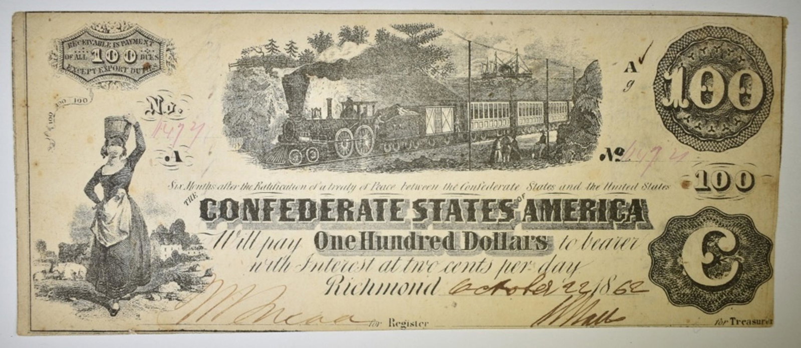 1862 $100 CONFEDERATE NOTE: LEADERS IN ON-LINE AUCTIONS ESTIMATE $150 - $200.