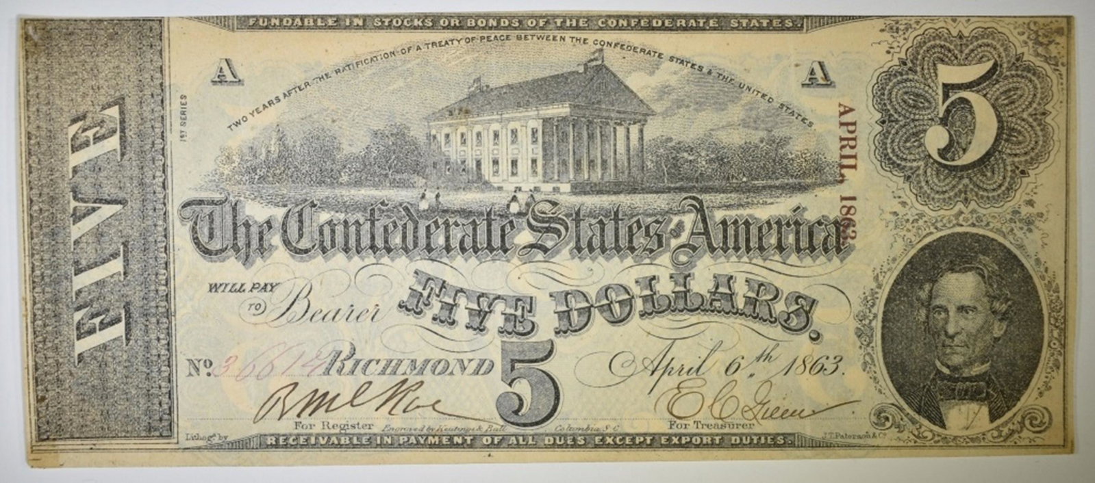 1863 $5.00 CONFEDERATE NOTE: WEEKLY COIN & CURRENCY AUCTIONS ESTIMATE $100 - $150.