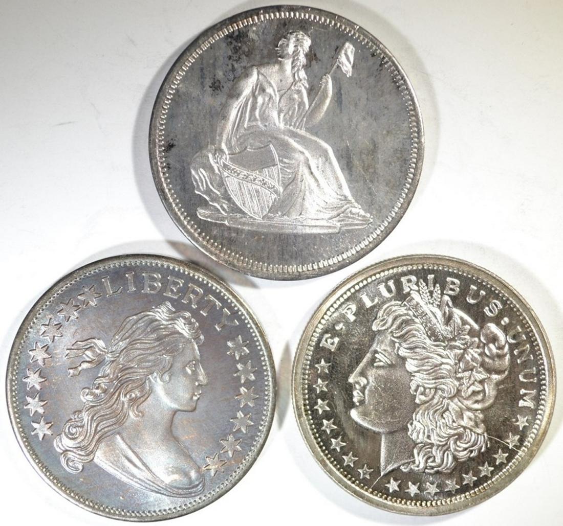 3-COIN REPLICA ONE OUNCE .999 SILVER ROUNDS: WE SHIP WITHIN 48 HOURS OF PAYMENT ESTIMATE $85 - $95.