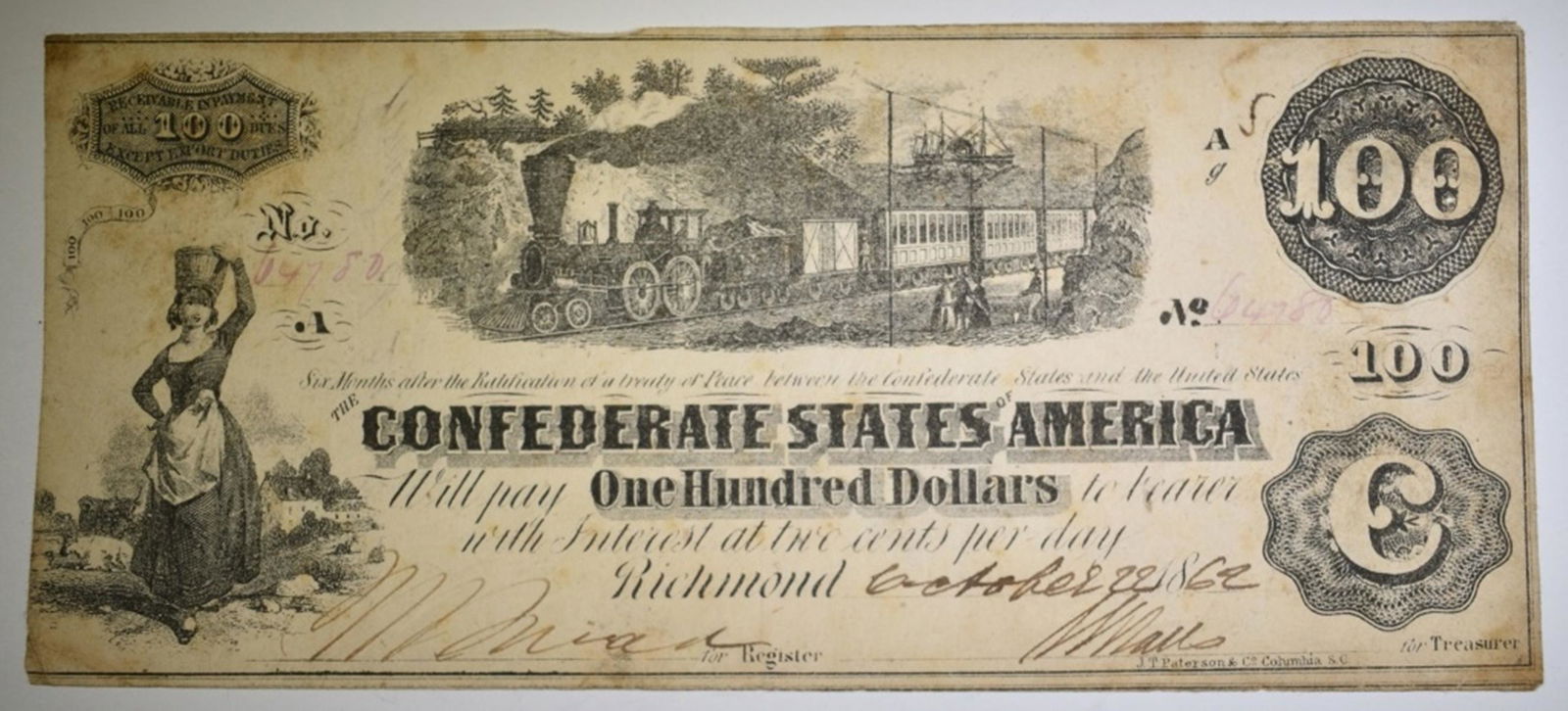 1862 $100 CONFEDERATE NOTE (1 of 2)