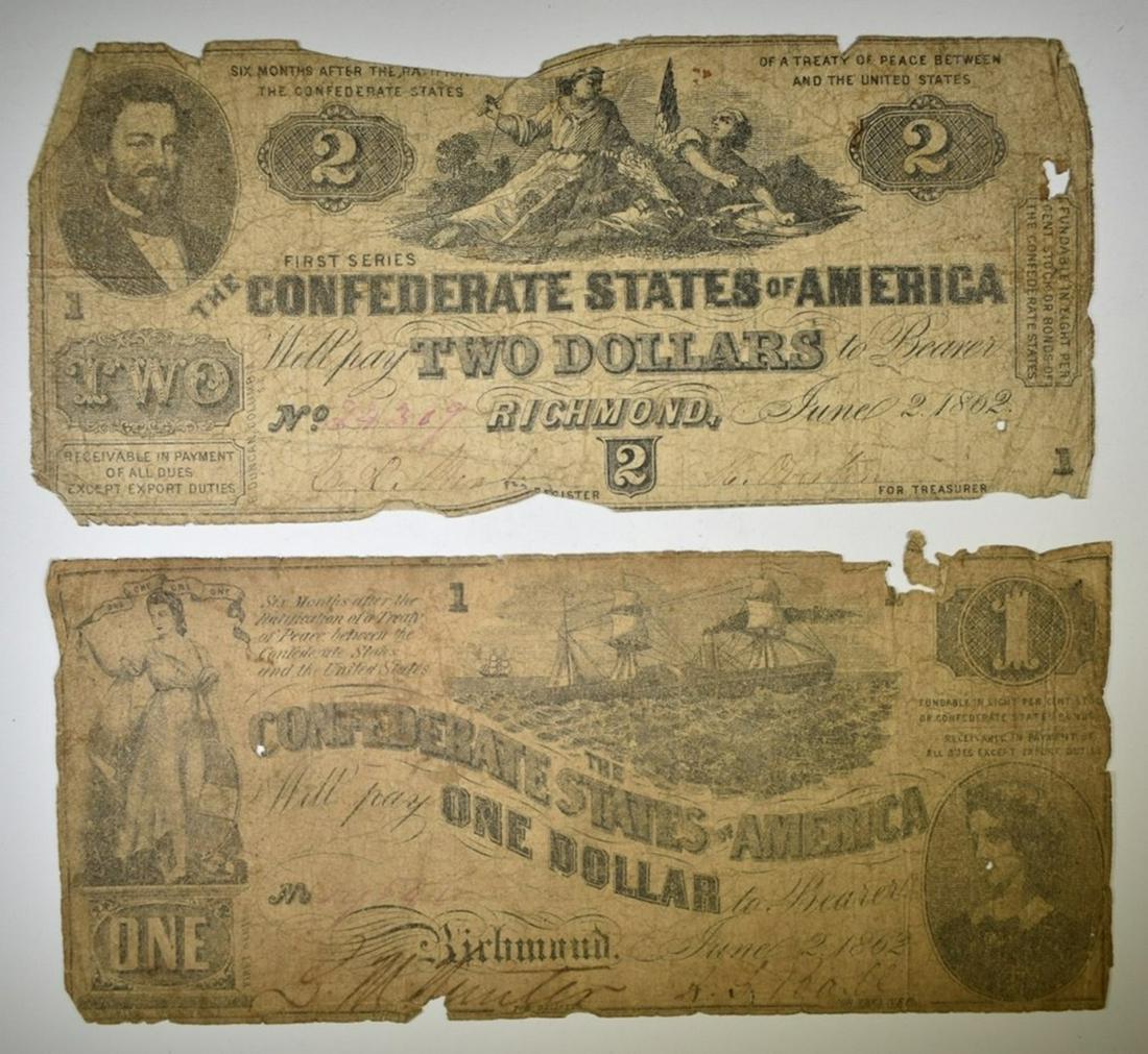 1862 $1 & $2 CONFEDERATE NOTES LOW GRADE (1 of 2)