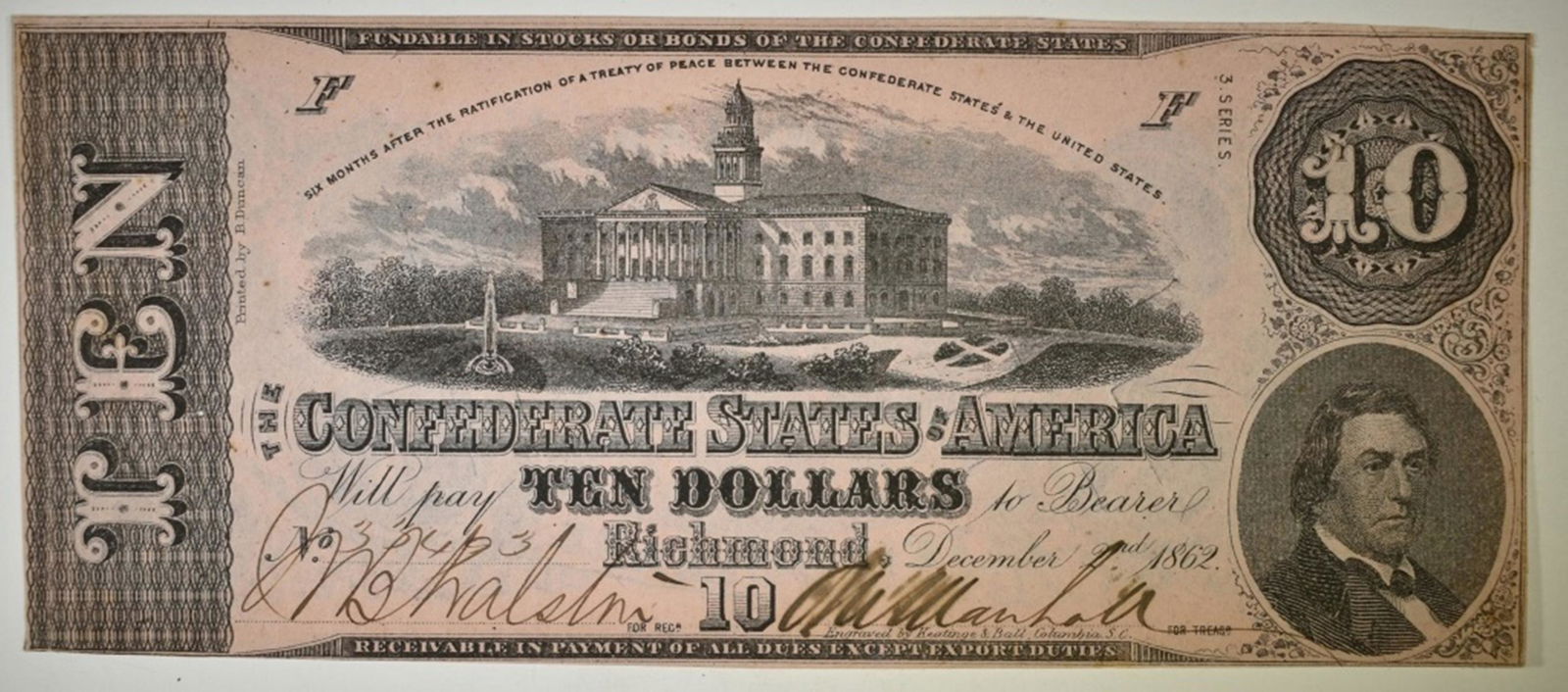 1862 $10.00 CONFEDERATE NOTE (1 of 2)