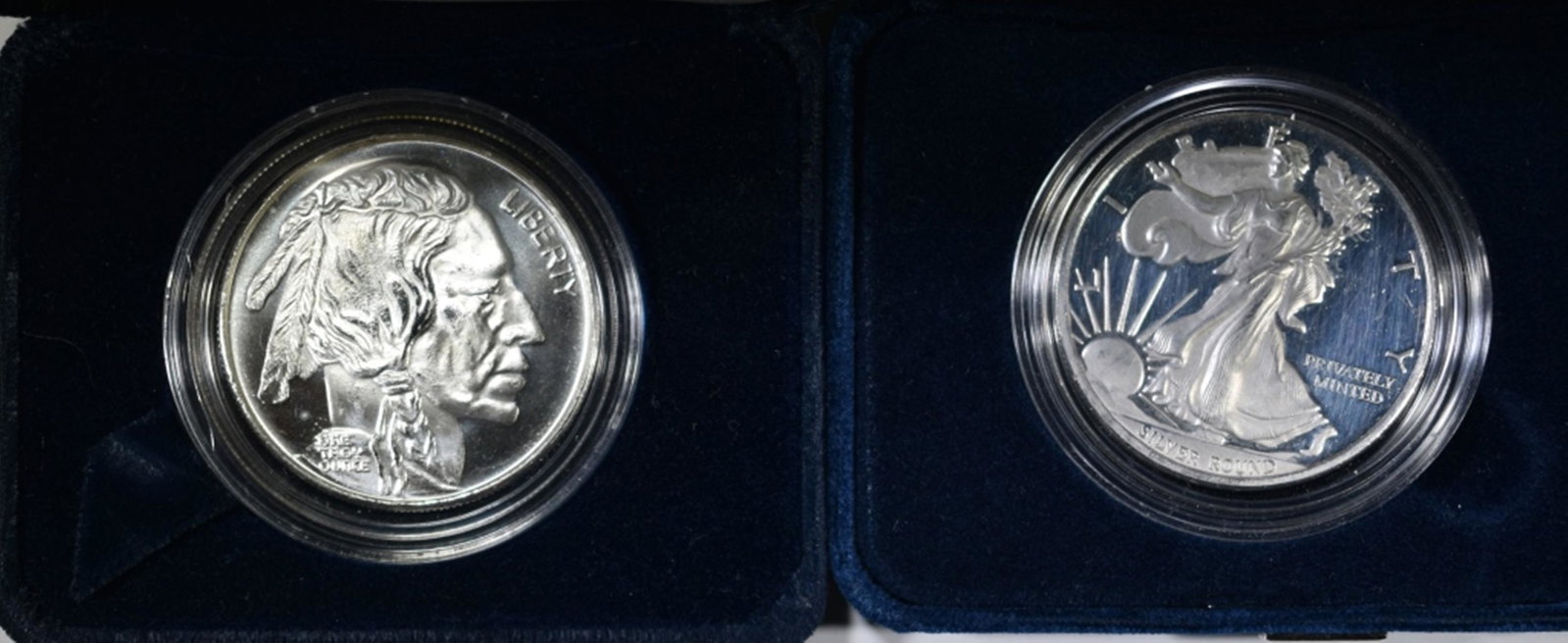 2 ONE TROY OUNCE SILVER ROUNDS: 1 INDIAN & 1 WALKING LIBERTY. ESTIMATE $50 - $70.