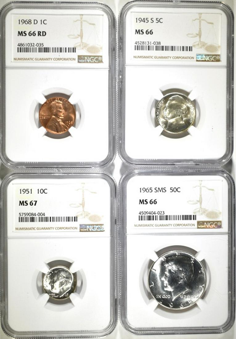 NGC GRADED COLLECTOR COIN LOT:: 1968-D LINCOLN CENT, MS-66 RED, 1945-S SILVER NICKEL, MS-66, 1951 ROOSEVELT DIME, MS-67 & 1965 SMS KENNEDY HALF MS-66 ESTIMATE $120 - $150.