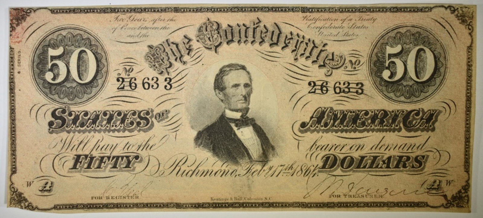 1864 $50 CONFEDERATE NOTE: CHECK OUT OUR UPCOMING AUCTIONS ESTIMATE $100 - $125.