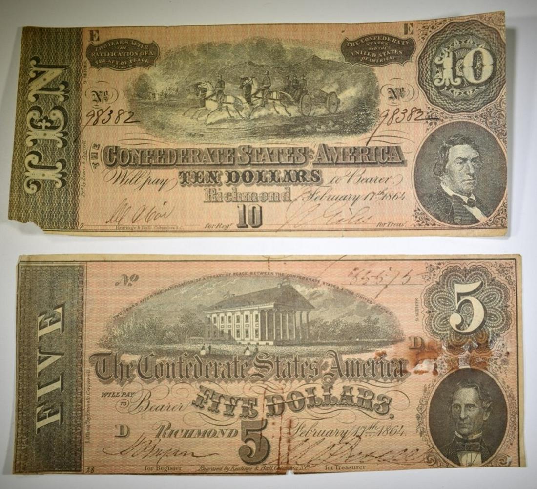 1864 $5 & $10 CONFEDERATE NOTES (1 of 2)
