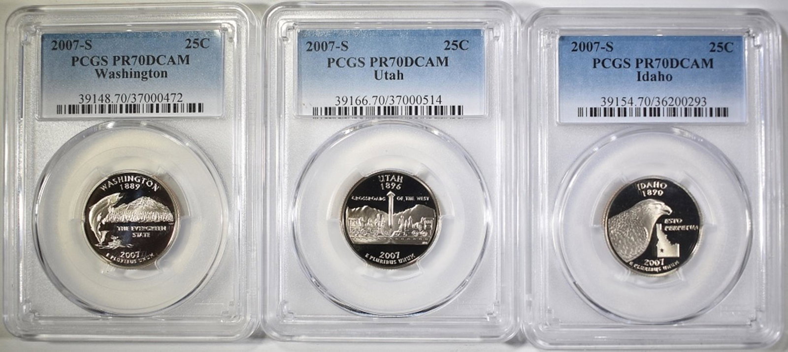 2007-S ID, UT, WA QUARTERS PCGS PR-70 DCAM: BID WITH SILVER CITY AUCTIONS. ESTIMATE $75 - $100.