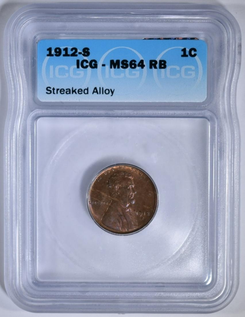 1912-S LINCOLN CENT ICG MS-64 RB: STREAKED ALLOY. ESTIMATE $550 - $600.