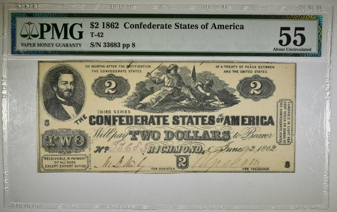 1862 $2 CONFEDERATE NOTE PMG 55 T-42: WE SHIP WITHIN 48 HOURS OF PAYMENT ESTIMATE $300 - $350.