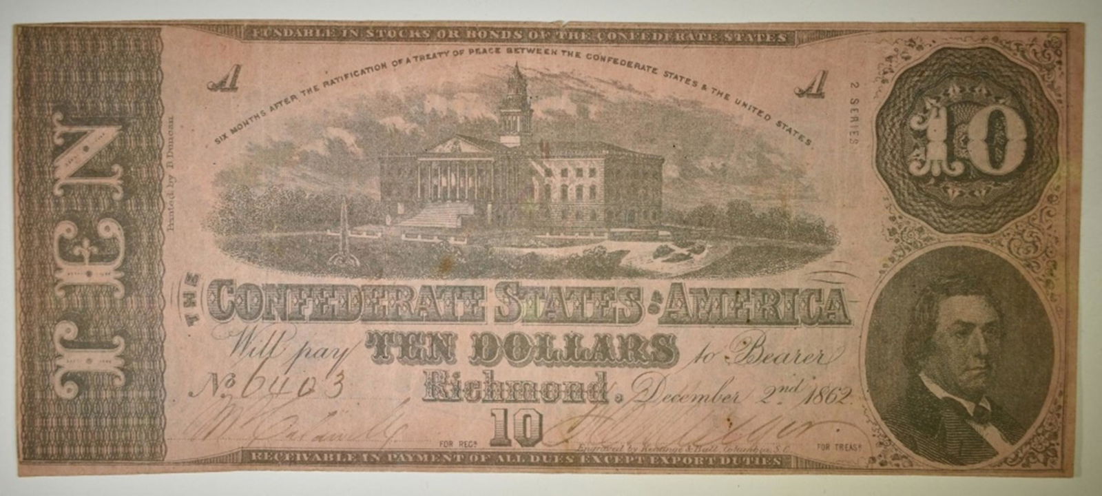 1862 $10 CONFEDERATE NOTE (1 of 2)
