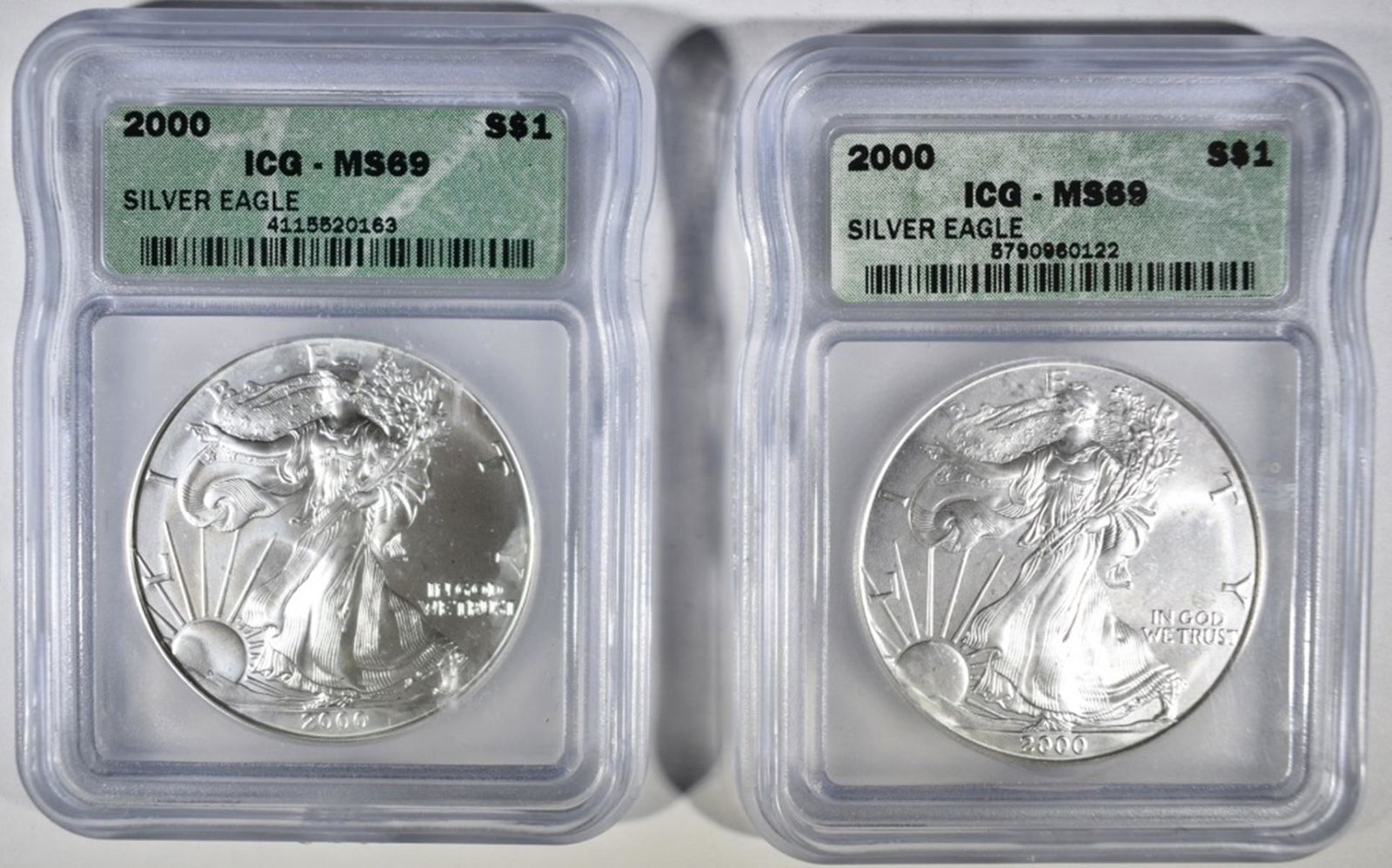 2 2000 AMERICAN SILVER EAGLES  ICG MS-69 (1 of 2)