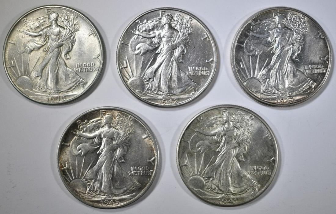 5 WALKING LIBERTY HALVES AU/BU (1 of 2)