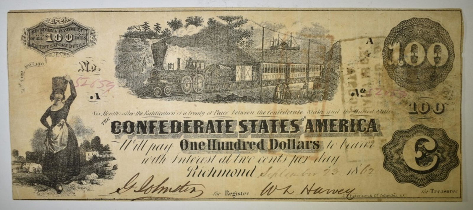 1862 $100 CONFEDERATE NOTE (1 of 2)