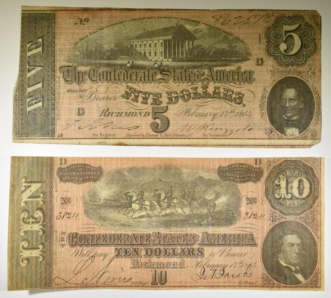 1864 $5.00 & $10.00 CONFEDERATE NOTES (1 of 2)