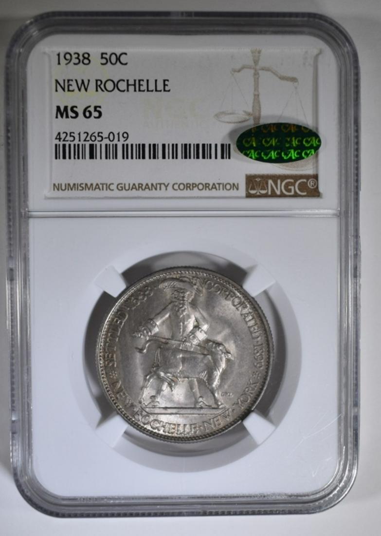 1938 NEW ROCHELLE COMMEM HALF NGC MS-65 CAC: BID WITH SILVER CITY AUCTIONS. ESTIMATE $350 - $400.