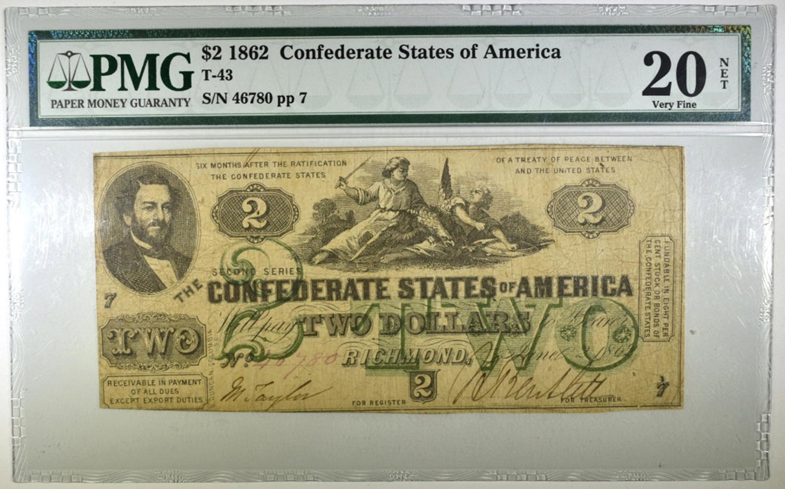 1862 $2 CONFEDERATE NOTE PMG 20 NET PINHOLES T-43: BID WITH SILVER CITY AUCTIONS ESTIMATE $450 - $550.