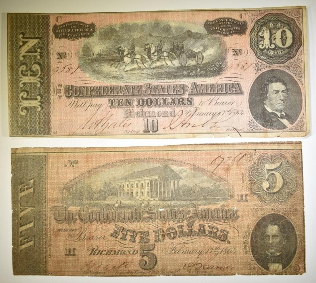 1864 $5 & $10 CONFEDERATE NOTES LOW GRADE: TOP RATED AUCTION HOUSE ESTIMATE $50 - $60.