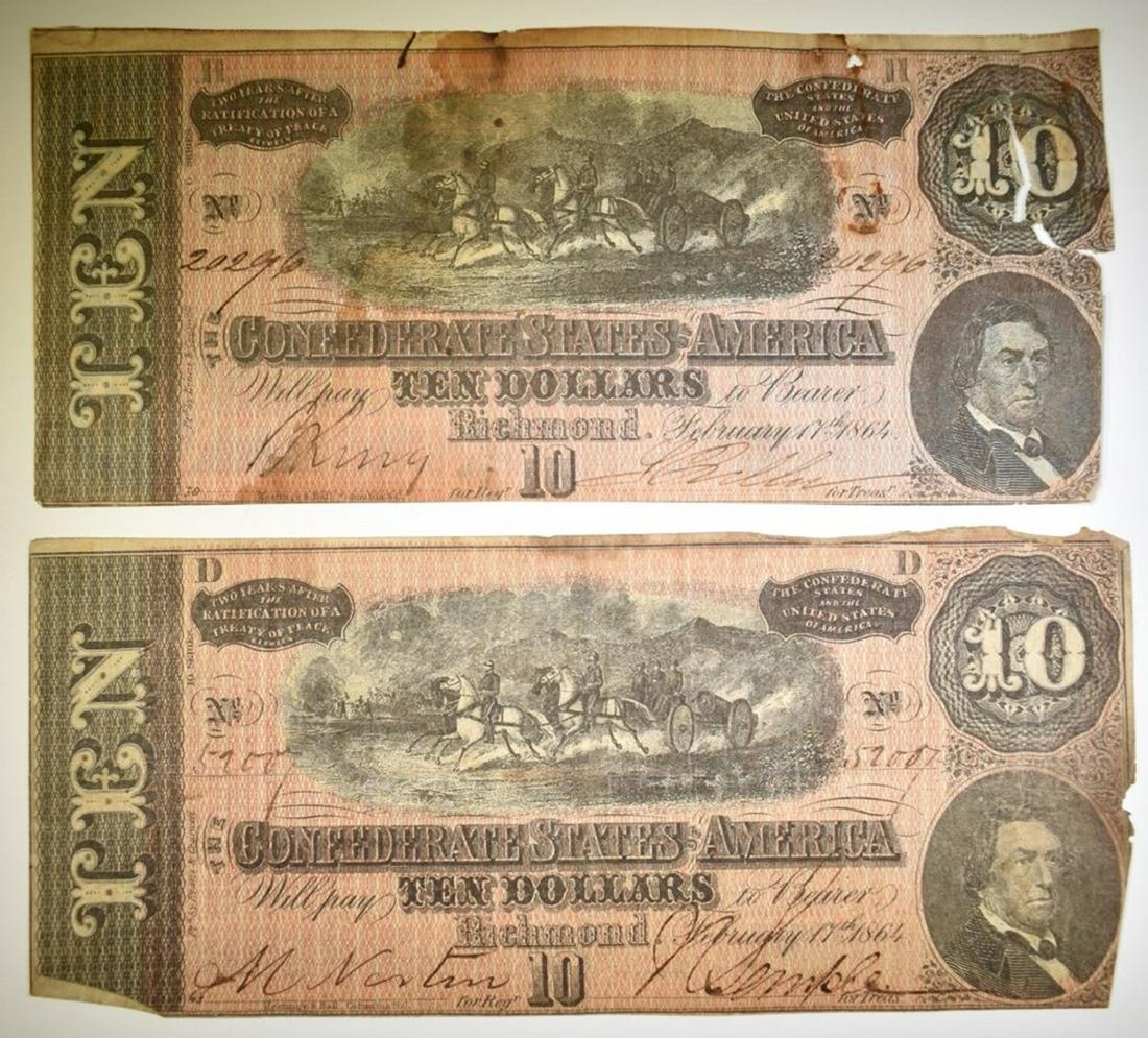 2-1864 $10 CONFEDERATE NOTES LOW GRADE: WEEKLY COIN & CURRENCY AUCTIONS ESTIMATE $60 - $80.