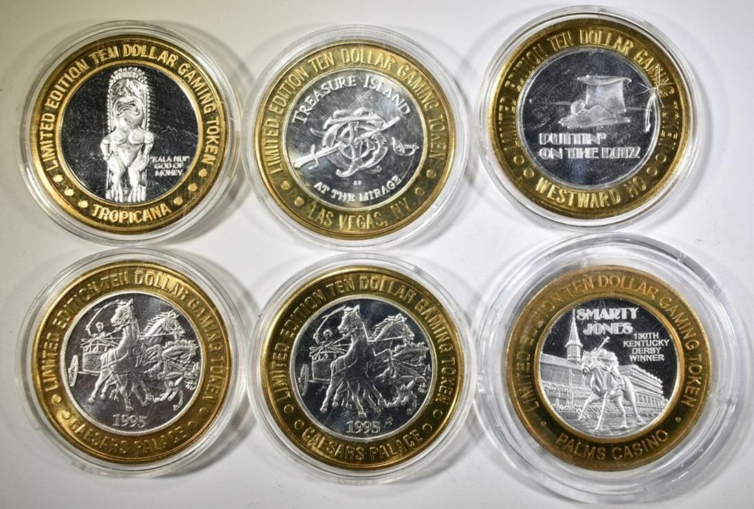 LOT OF 6 .999 SILVER CASINO TOKENS (1 of 2)