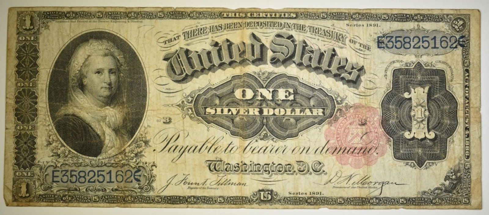 1891 $1 SILVER CERTIFICATE MARTHA WASHINTON  FINE (1 of 2)