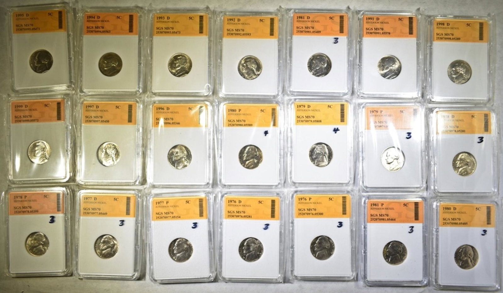 LOT OF 21 JEFFERSON NICKELS SGS PERFECT GEM: 1976-1999. ESTIMATE $500 - $600.