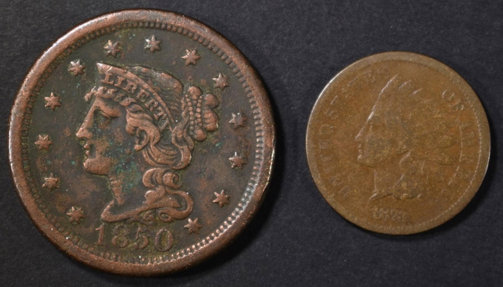 1850 VF LARGE CENT & 1873 VG CLOSED 3 INDIAN CENT (1 of 2)