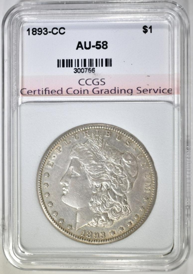 1893-CC MORGAN DOLLAR CCGS AU BU: KEY COIN. VERY NICE LUSTRE AND MARK FREE SURFACES. RARE. ESTIMATE $3500 - $4500.
