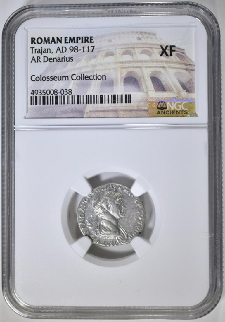 AD 98-117 TRAJAN NGC XF: ROMAN EMPIRE. AR DENARIUS. ESTIMATE $200 - $225.