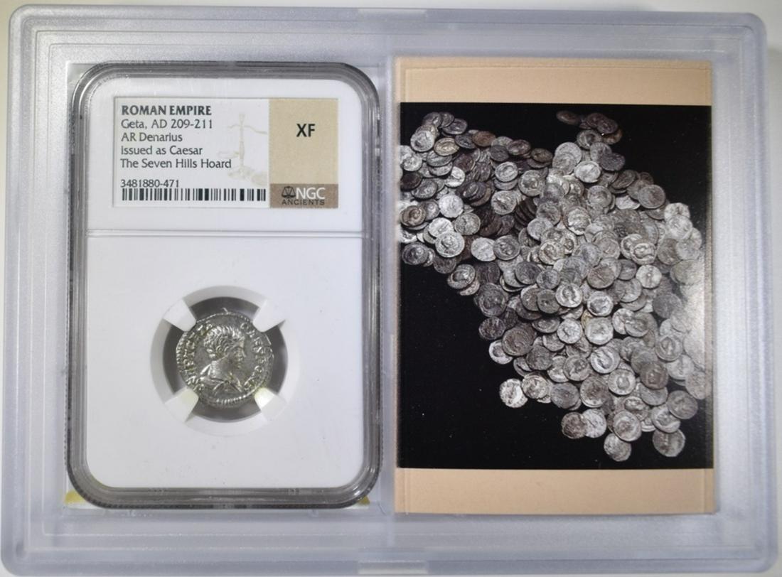 AD 209-211 GETA NGC XF: ROMAN EMPIRE. AR DENARIUS ISSUED AS CAESAR. ESTIMATE $200 - $225.