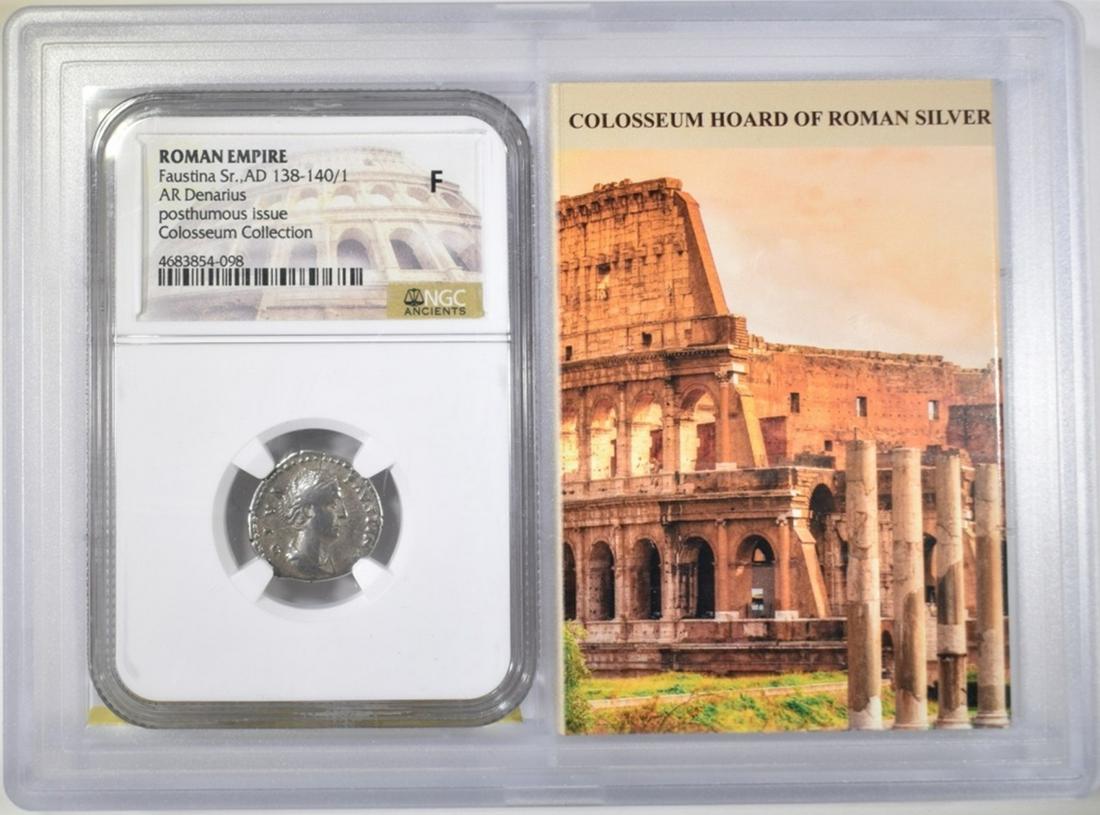 AD 138-140/1 FAUSTINA SR AR DENARIUS NGC F: ROMAN EMPIRE. POSTHUMOUS ISSUE. ESTIMATE $100 - $125.