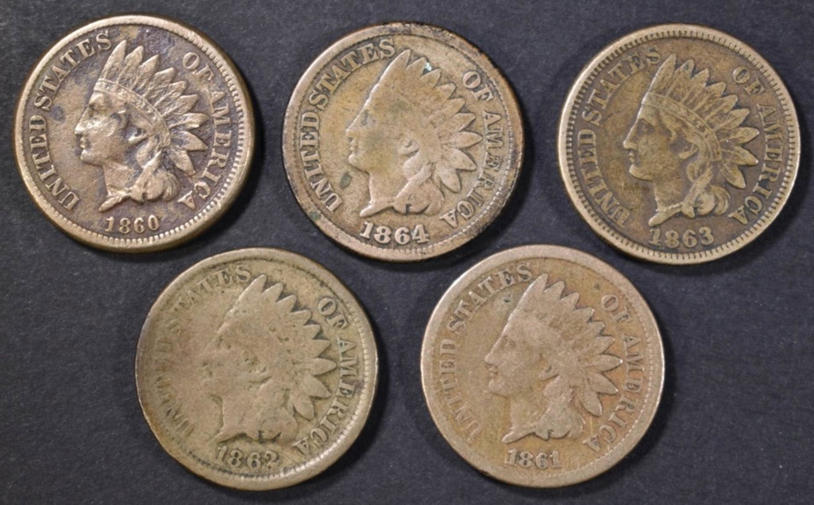 5 COPPER NICKEL INDIAN HEAD CENTS 1860-1864 (1 of 2)