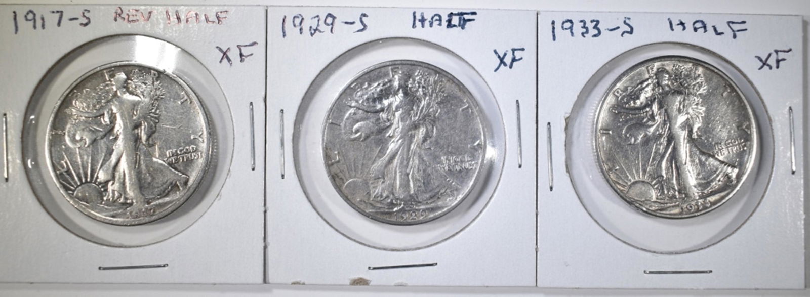 3- WALKING LIBERT HALVES- 1933-S XF, 1917-S FINE, (1 of 2)