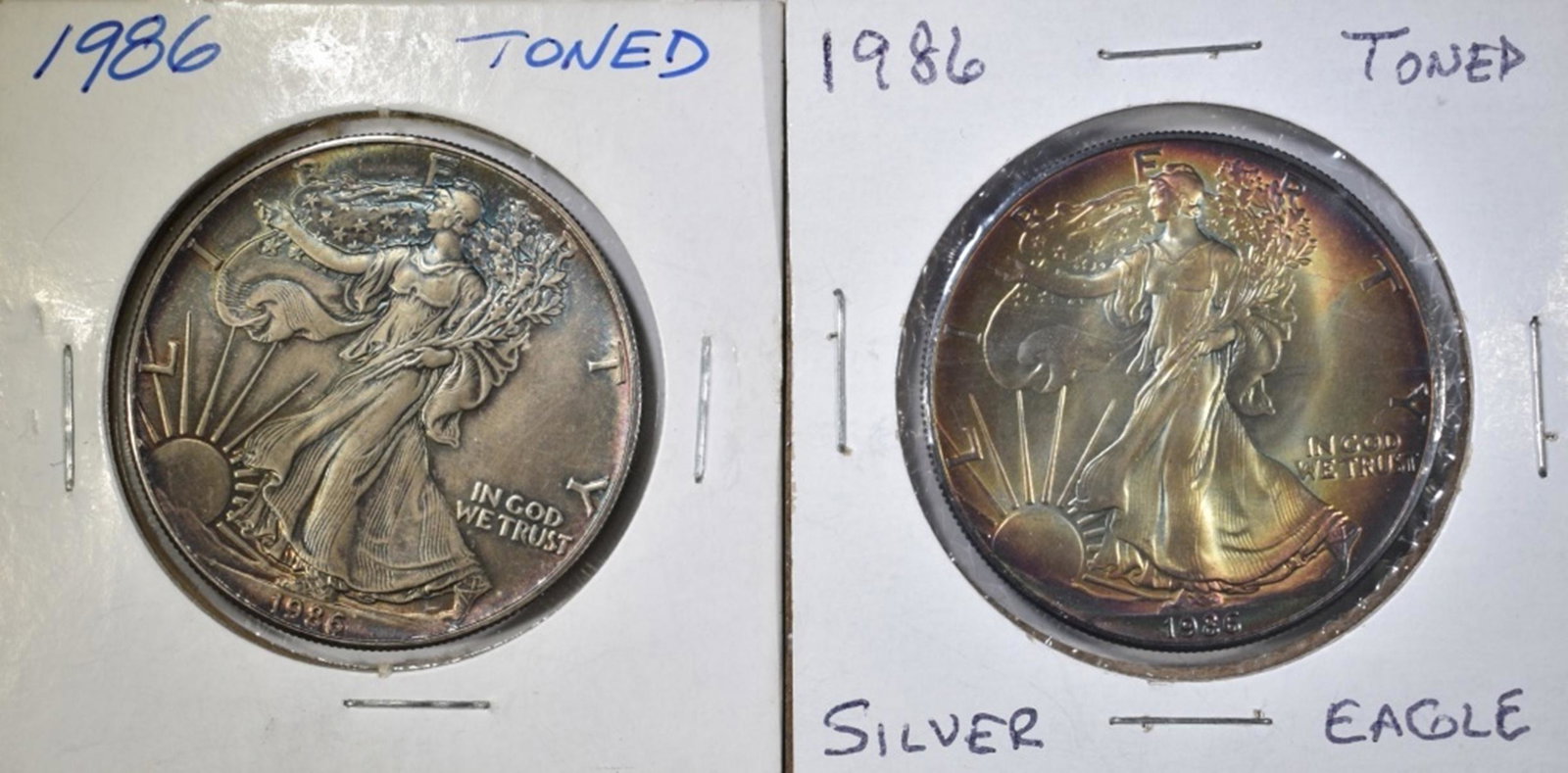 2 1986 TONED AMERICAN SILVER EAGLES: CHECK OUT OUR UPCOMING AUCTIONS ESTIMATE $70 - $90.