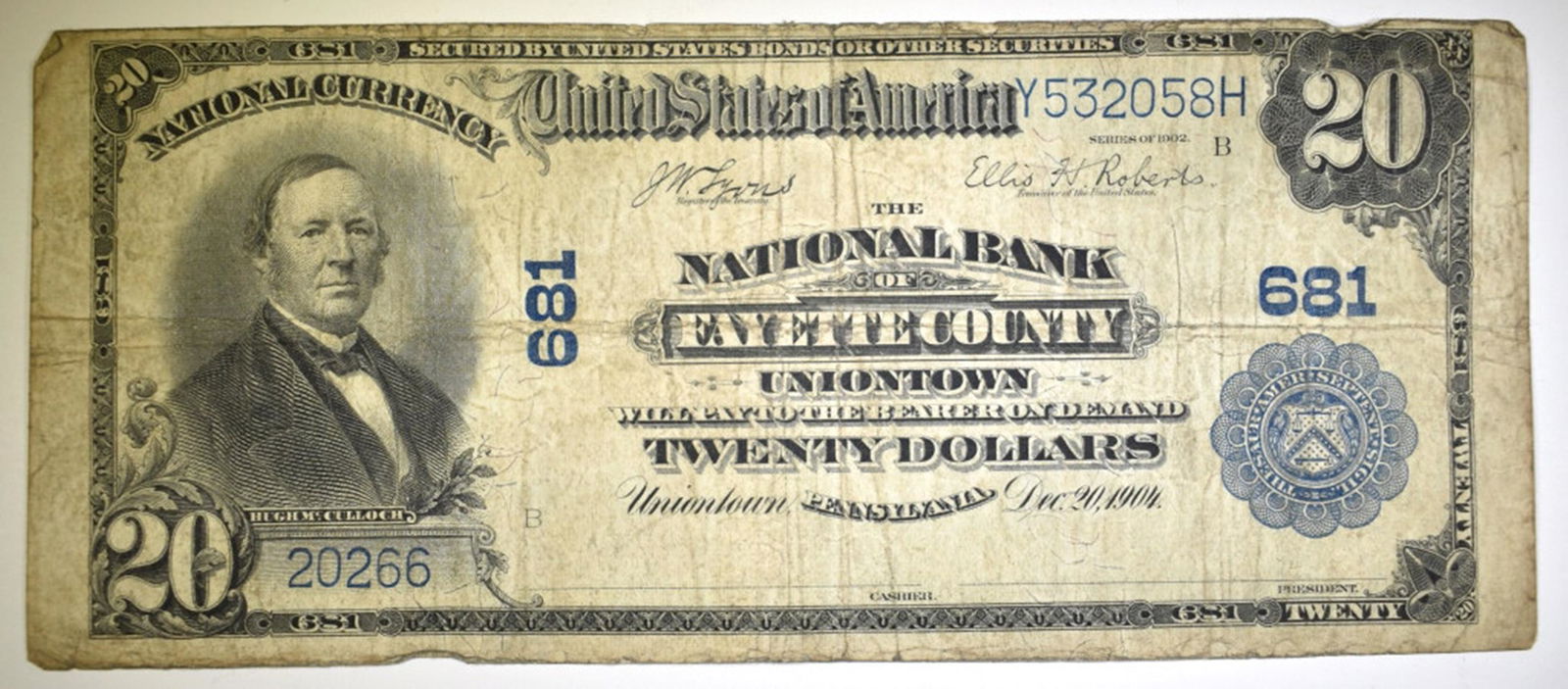 1902 $20 NATIONAL N.B. OF FAYETTE COUNTY PA. FINE (1 of 2)