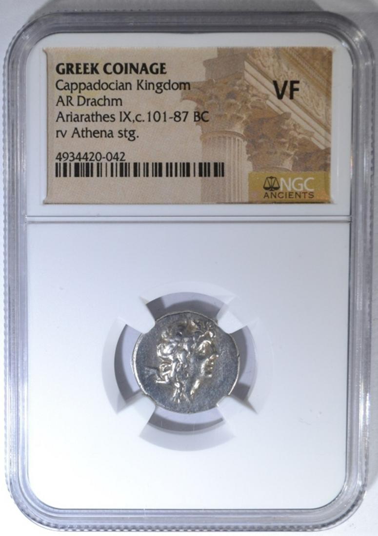 101-87 BC CAPPADOCIAN KINGDOM NGC VF: GREEK COINAGE. AR DACHM. ARIARATHES IX RV ATHENA STG. ESTIMATE $200 - $225.