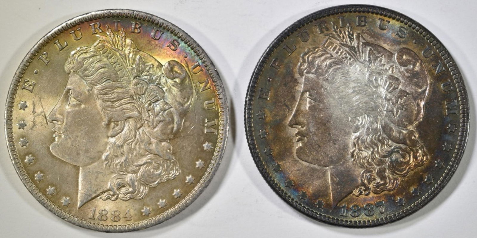 1884-O & 1887 MORGAN DOLLARS, AU BOTH TONED (1 of 2)