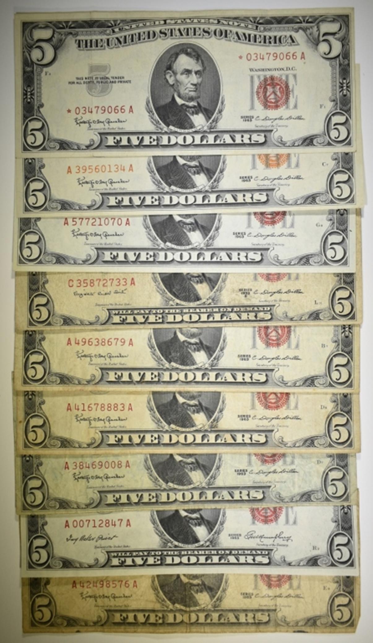 9 $5 RED SEAL NOTES SOME HIGH GRADE, ONE STAR NOTE (1 of 2)