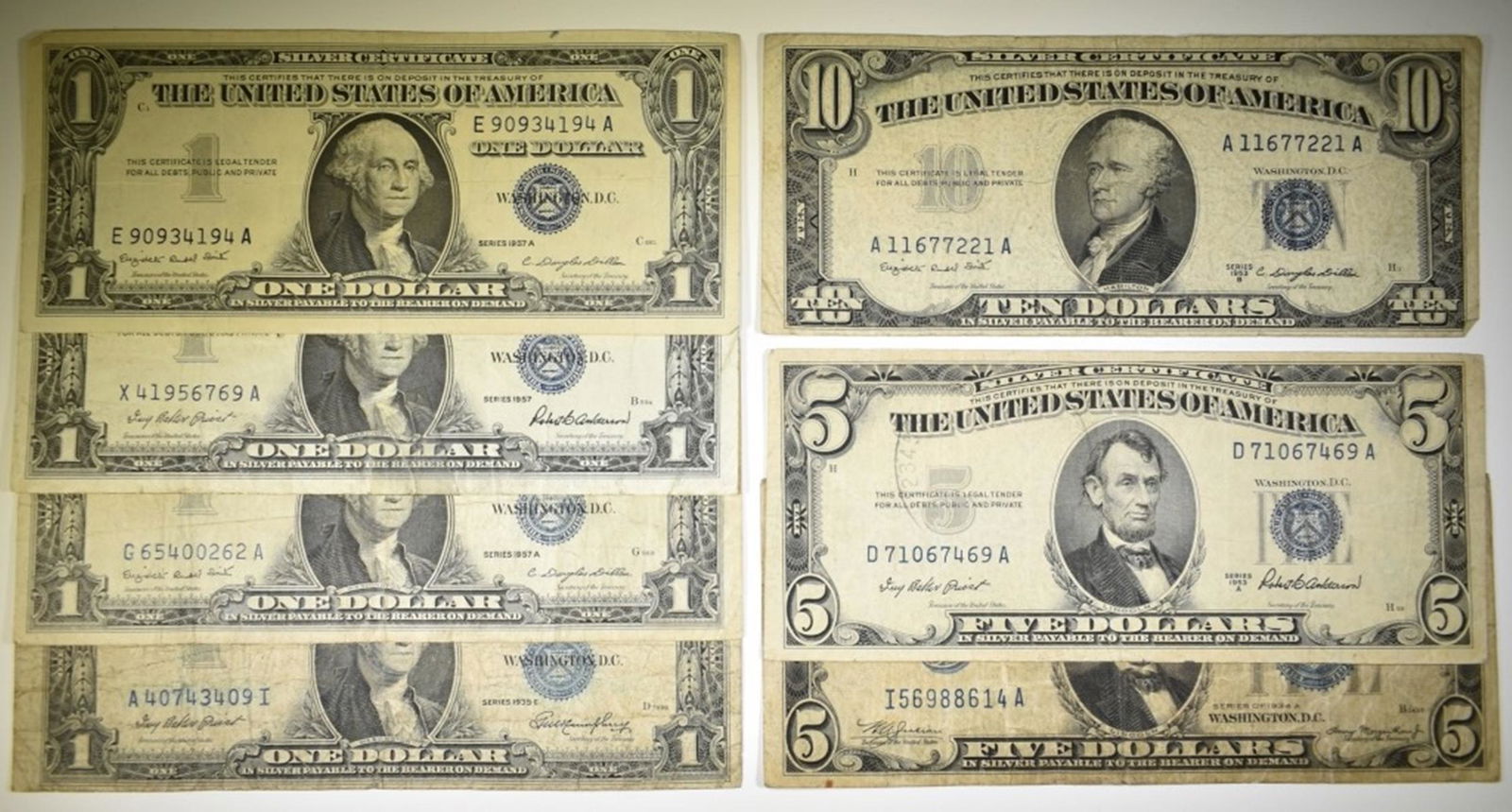 SILVER CERTIFICATE GROUP LOT $10, $5, $1 (1 of 3)