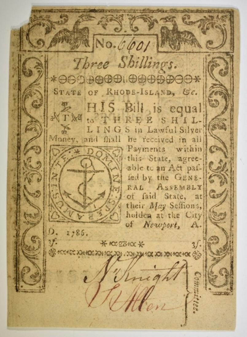 1786 3 SHILLINGS RHODE ISLAND NOTE (1 of 2)