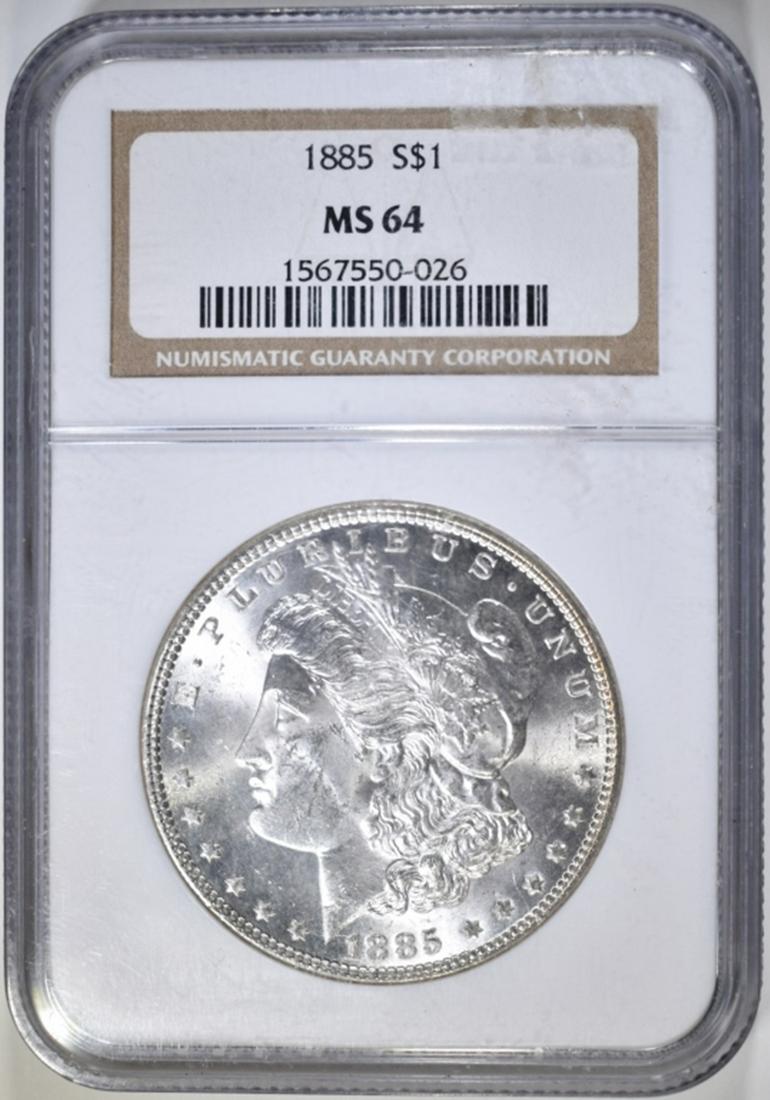 1885 MORGAN DOLLAR, NGC MS-64: BID WITH SILVER CITY AUCTIONS ESTIMATE $80 - $90.