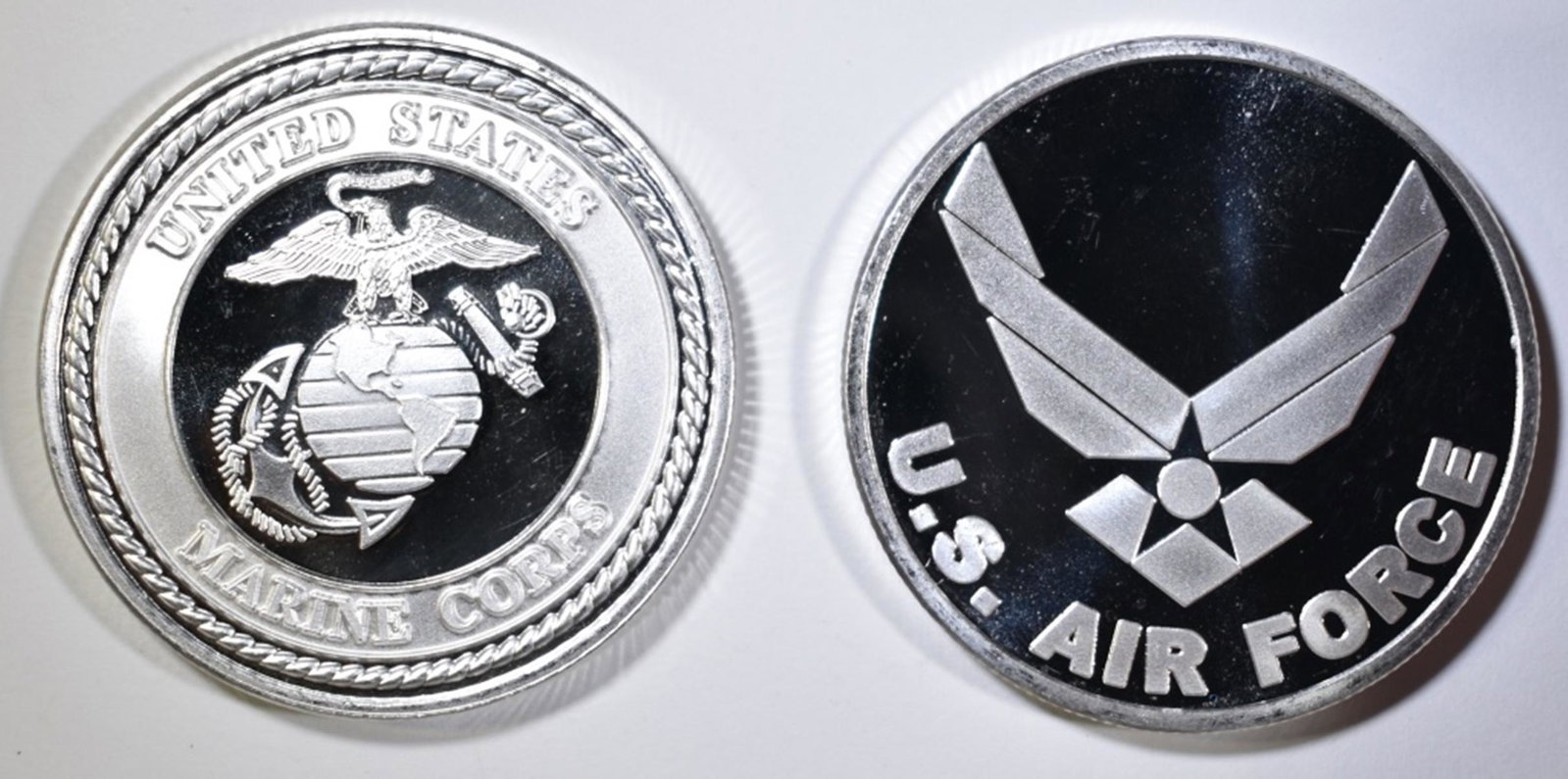 AIR FORCE & MARINES ONE OUNCE SILVER ROUNDS: LEADERS IN ON-LINE AUCTIONS. ESTIMATE $80 - $95.