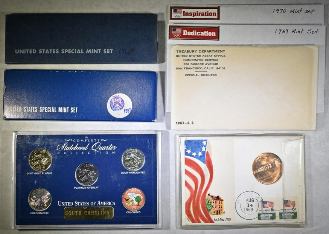 COLLECTORS LOT:: 1965, 66, 67 SMS MINT SETS, 1969 & 1970 MINT SETS, COMPLETE COLLECTION SOUTH CAROLINA STATE QUARTERS. ESTIMATE $90 - $110.