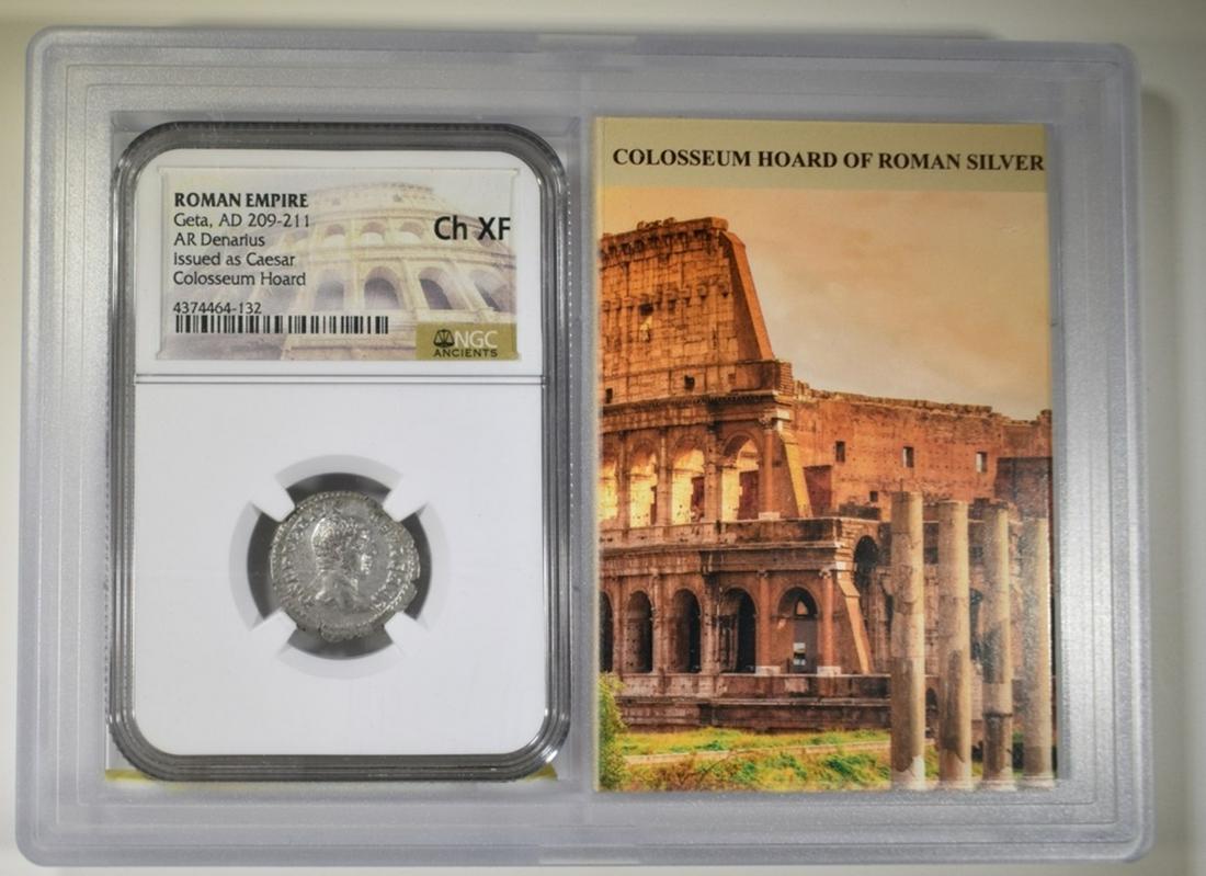 AD 209-211 GETA NGC CH XF: ROMAN EMPIRE. AR DENARIUS ISSUED AS CAESAR. ESTIMATE $225 - $250.