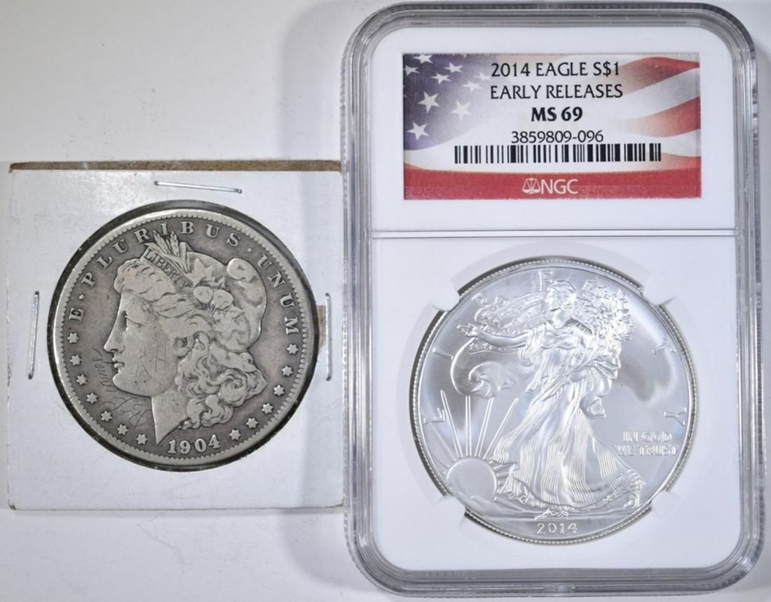 LOT OF 2 TYPE DOLLARS:: 1904-S MORGAN & 2014 ASE NGC MS-69 ESTIMATE $90 - $110.