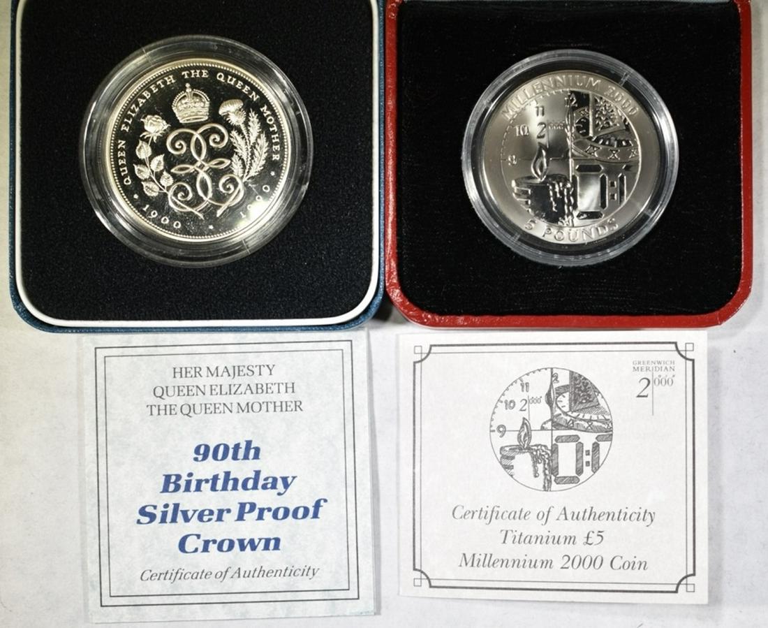 LOT OF 2 - 5 POUND COINS:: 1990 SILVER PROOF 90TH BIRTHDAY QUEEN MOTHER & 1999 MILLENNIUM TITANIUM. ESTIMATE $70 - $90.